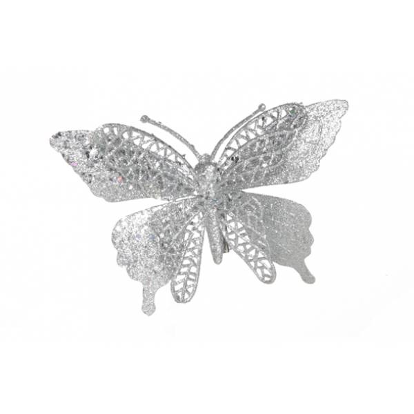Vlinder Op Clip Glitter Zilver 15cm  