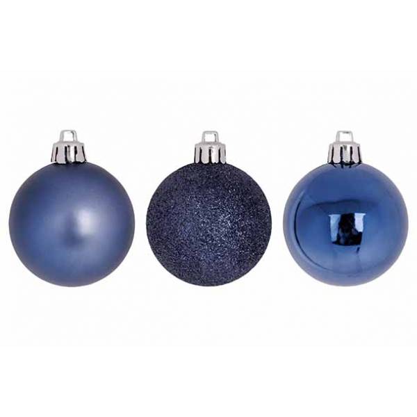 Kerstbal Set12 Mix Nachtblauw D6cm Kunststof Mat Glitter Blinkend 