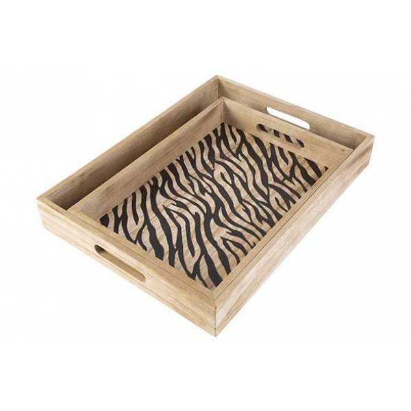 Cosy @ Home Dienblad Set2 Zebra Black Natuur 40x30xh 5cm Hout 35x25x4.5cm