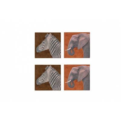 Glasonderzetter Set4 Oranje10x10xh2,5cm Hout  Zebra Elephant 