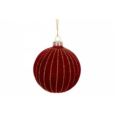 Kerstbal Flocked Glitter Stripes Bordeau X 8x8xh8cm Bol Glas 