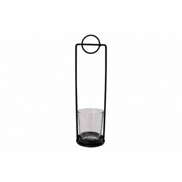 Theelichthouder Hugo Glass Cup D5,5cmxh6 ,5cm Zwart 6x6xh22,5cm Langwerpig Metaa 