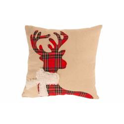 Cosy @ Home Kussen Deer Scarf Checkers Rood Wit 40x40xh8cm Vierkant Textiel
