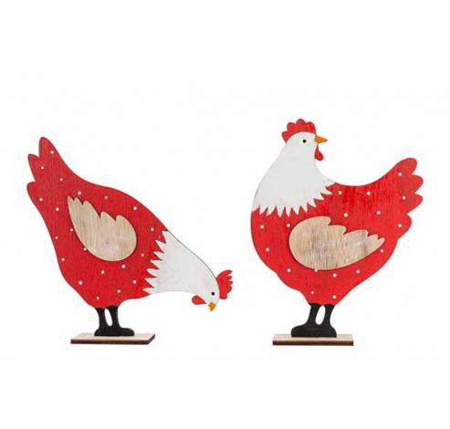 Coq-poule Ass2 Rouge Blanc 22x4,5xh16cm Bois  Cosy @ Home