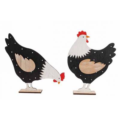 Coq-poule Ass2 Noir-blanc 22x4,5xh16cm Bois  Cosy @ Home