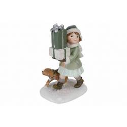 Cosy @ Home Ornement Girl Dog And Gifts Vert 10,1x7, 8xh14,2cm Polyresine 