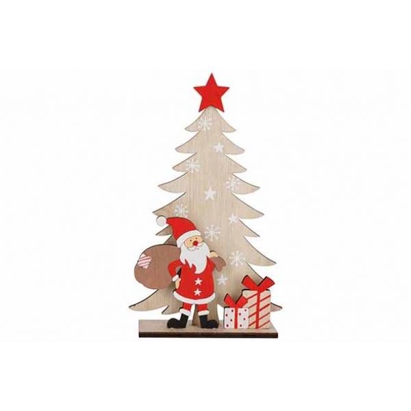 Santa With Tree Rood Wit 13x4xh22cm Hout  