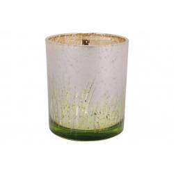 Theelichthouder Grass Groen - Wit  9x9xh 10cm Glas 