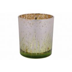 Theelichthouder Grass Groen - Wit  7x7xh 8cm Glas 