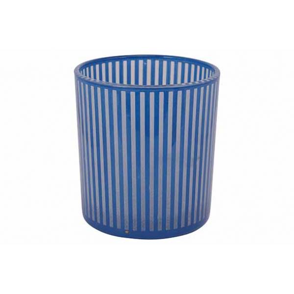 Theelichthouder Stripes Blauw 7x7xh8cm G Las 