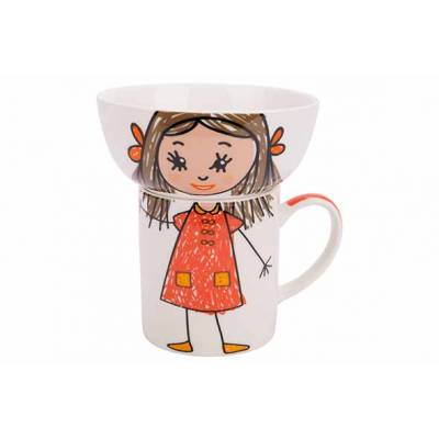 Giftset Set2 Mug And Bowl Girl Rood Wit 11,5x11,5xh12cm New Bone China  Cosy @ Home