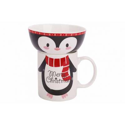 Giftset Set2 Mug And Bowl Penguin Wit - Zwart 11,5x11,5xh13cm New Bone China  Cosy @ Home