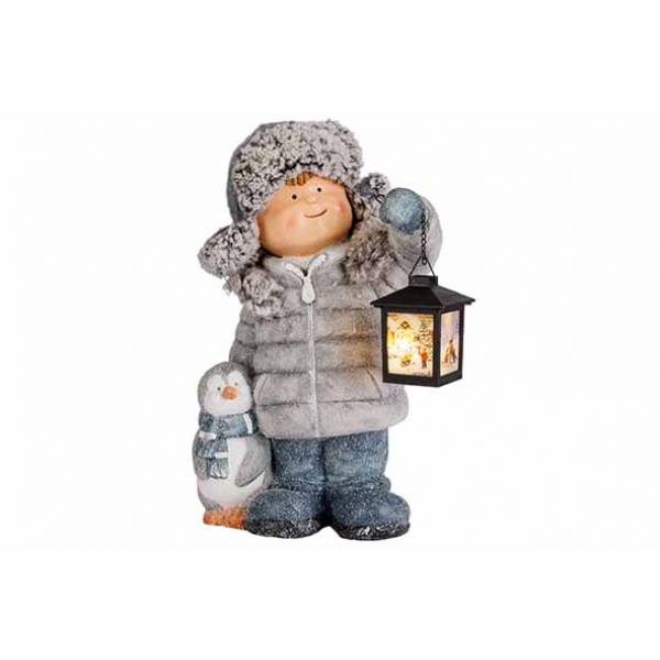 Cosy @ Home Kind With Led Lantern Grijs 27x21xh42cm Keramiek Excl 3 Aaa Batt