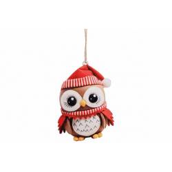 Hanger Owl With Hat Rood Wit 9x12xh,3cm Hout 