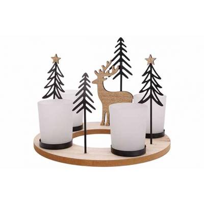 Theelichthouder Deer Trees Black Glass Natuur 23x23xh18cm Rond Hout  Cosy @ Home