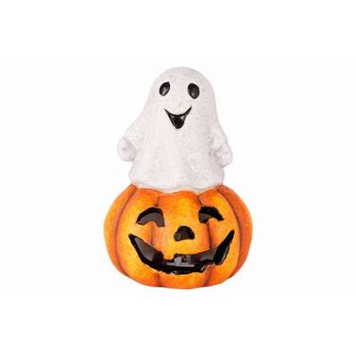 Pompoen With Ghost Led Oranje 9x9xh13cm Keramiek Incl 2 Lr44 Batt  Cosy @ Home