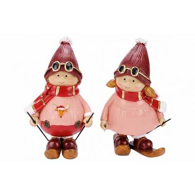 Skier Kid 2ass Bordeaux Roze 8x7xh15cm P Olyresin  Cosy @ Home