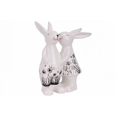 Couple Rabbits Dotted Blanc - Noir  14,3 X9,4xh19,3cm Allonge Dolomite  Cosy @ Home