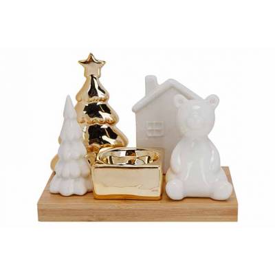 Tafereel Tl-holder Tree-house-bear Woode N Base Wit - Goud 14x9xh11cm Dolomiet  Cosy @ Home