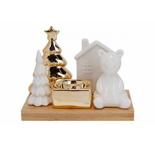 Scene Tl-holder Tree-house-bear Wooden B Ase Blanc - Or  14x9xh11cm Dolomite  Cosy @ Home