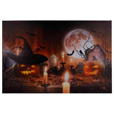 Canvas Moon Pumpkins Bats Led 2aabat Not  Incl 40x60xh2,5cm Rechthoek  Cosy @ Home