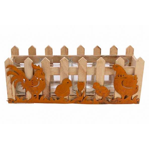 Cosy @ Home Bakje Rooster-chicks-hen Roest 24,5x8xh9 Cm Rechthoek Hout