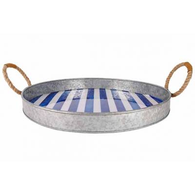 Plateau Stripes Blue Blanc 40x40xh4cm Ro Nd Metal  Cosy @ Home