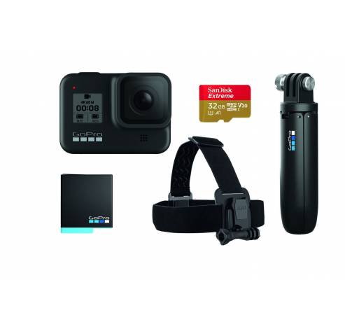 H8 Hard Bundle: GoPro HERO8 Zwart + SD kaart + Headstrap + batterij + shorty  GoPro