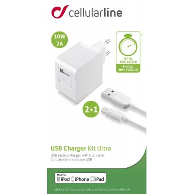 Reislader kit 10W/2A lightning Apple wit Cellularline