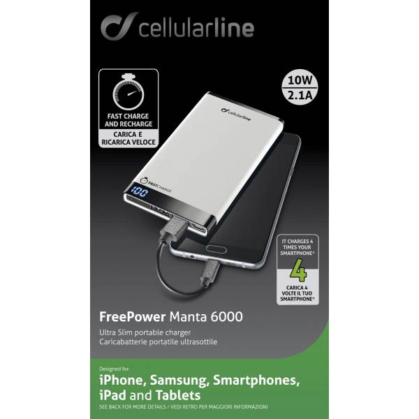 Cellularline Draagbare lader dual usb free power manta 6000mAh slim wit