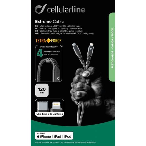 Cellularline Usb kabel kevlar usb-c naar Apple lightning 12m zwart