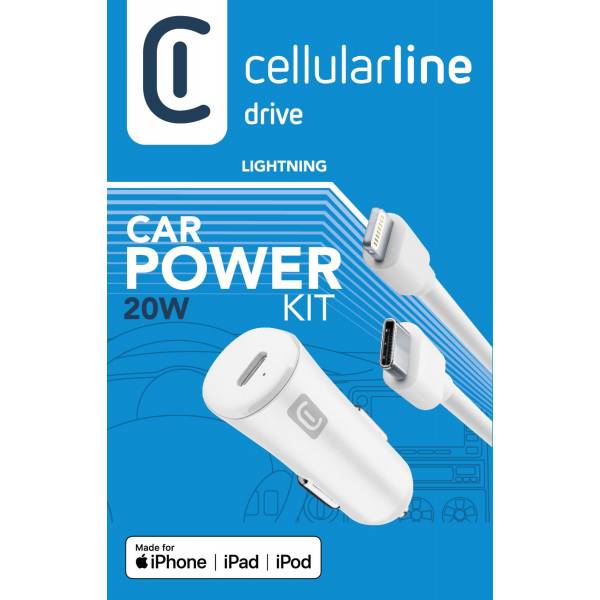 Cellularline Autolader kit 20W usb-c naar lightning wit