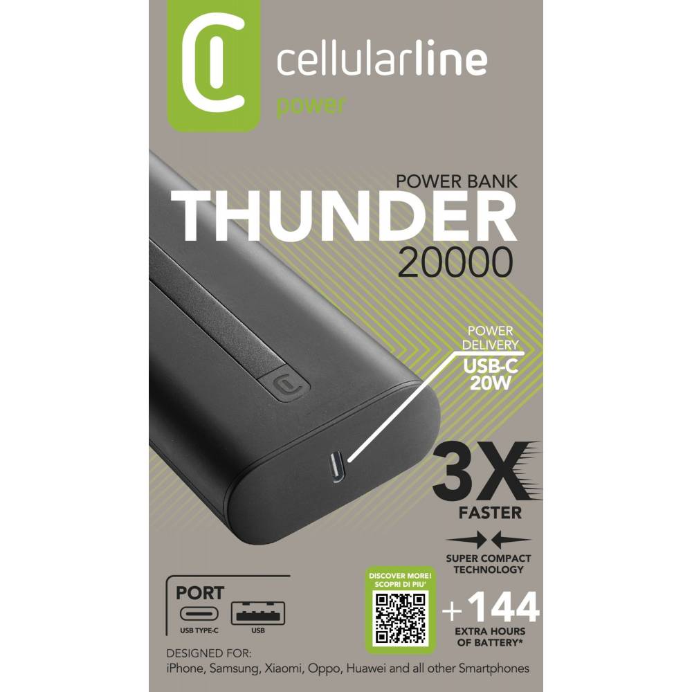 Cellularline Powerbank Draagbare lader thunder 20000mAh usb-c zwart
