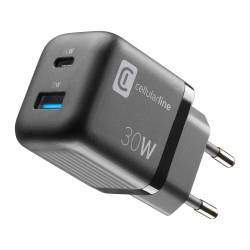 Cellularline Chargeur secteur 30W GaN multipower micro USB-A + USB-C PD noir 
