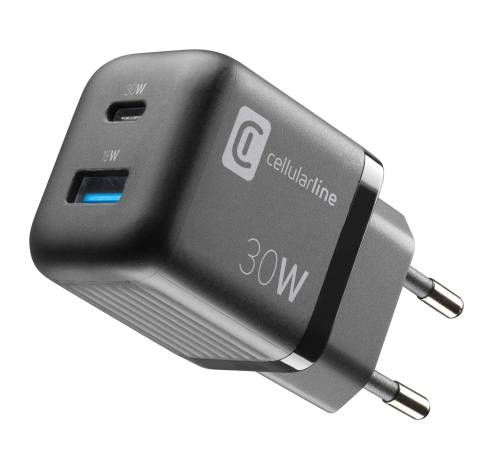Chargeur secteur 30W GaN multipower micro USB-A + USB-C PD noir  Cellularline