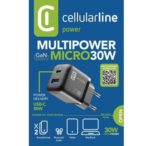 Reislader 30W GaN multipower micro USB-A + USB-C PD zwart  Cellularline