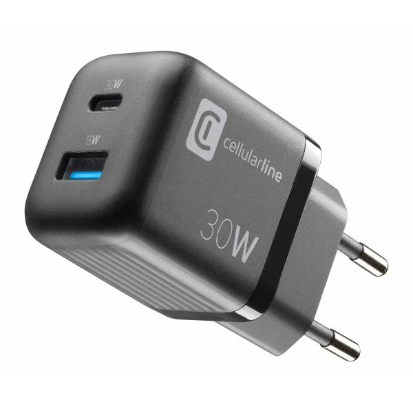 Cellularline Reislader 30W GaN multipower micro USB-A + USB-C PD zwart