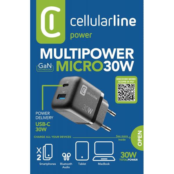 Cellularline Reislader 30W GaN multipower micro USB-A + USB-C PD zwart