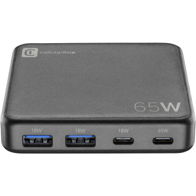 Lader 65W GAN 2X USB-A 18W 1X USB-C 18W 1X USB-C 65W PD ZWART  