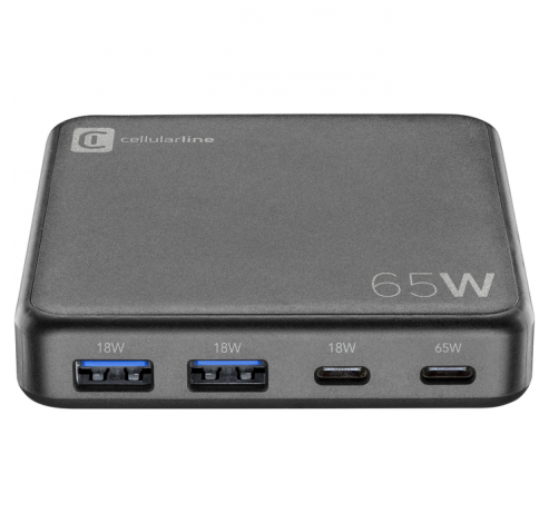 Lader 65W GAN 2X USB-A 18W 1X USB-C 18W 1X USB-C 65W PD ZWART   Cellularline