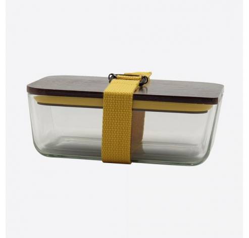 lunchbox uit glas, bamboe deksel en riem geel 20x12x8cm  Cookut