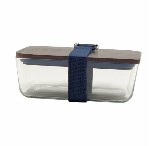 lunchbox uit glas, bamboe deksel en riem donkerblauw 20x12x8cm  Cookut