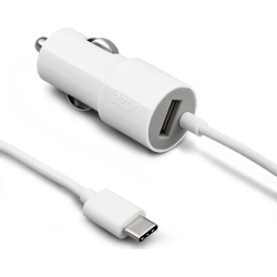 Azuri Autolader USB type C-fix cable met extra USB 2.4amp 1.2m wit 