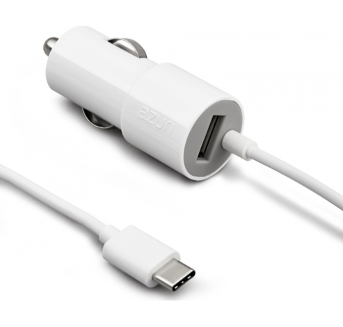 Autolader USB type C-fix cable met extra USB 2.4amp 1.2m wit  Azuri