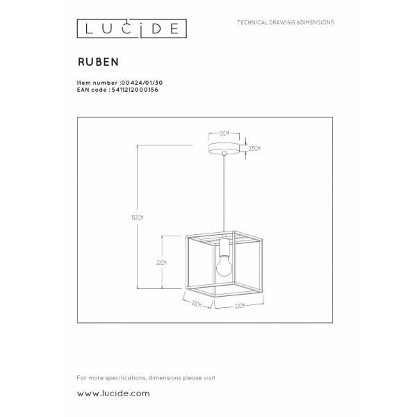 Lucide RUBEN Hanglamp 1x E27 40W Zwart / mat goud