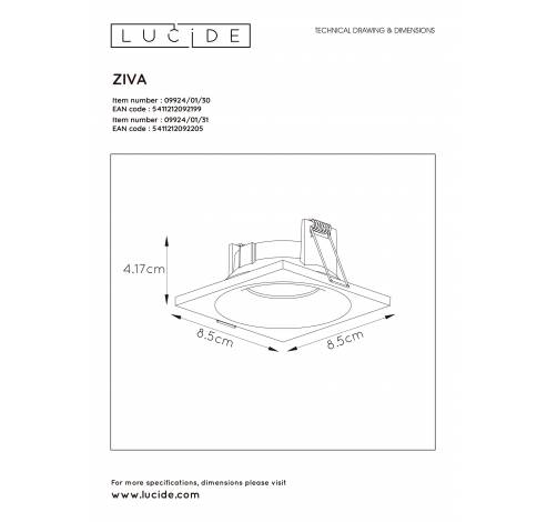 ZIVA Inbouwspot Vierkant GU10/5W IP44 Ø8.5cm Zwa  Lucide