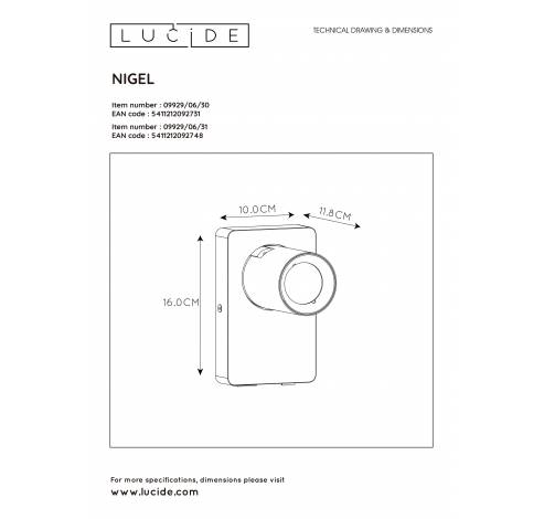 NIGEL Wandspot 1xGU10/5W + USB Wit  Lucide