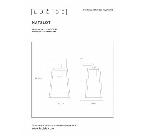 MATSLOT Wandlicht IP23 E27 H25cm Zwart  Lucide