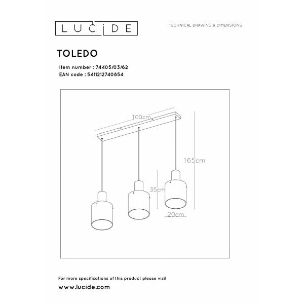 Lucide TOLEDO Hanglamp 3xE27/60W Koper / Amber glas