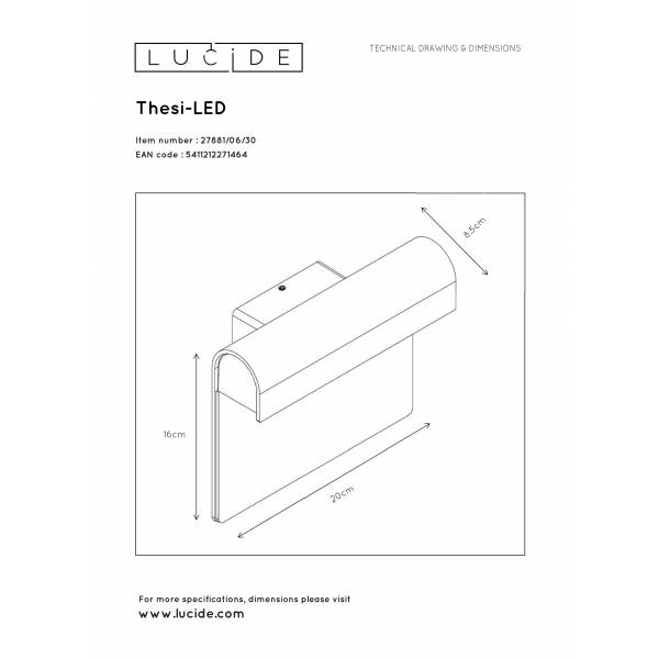 Lucide THESI LED - Wandlamp Buiten - LED - 1x8W 3000K - IP54 - Zwart Lucide